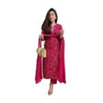 GoSriKi Women's Rayon Viscose Straight Bandhej Printed Kurta with Pant & Dupatta