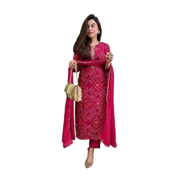 GoSriKi Women's Rayon Viscose Straight Bandhej Printed Kurta with Pant & Dupatta