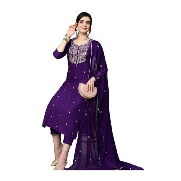 GoSriKi Women’s Cotton Blend Embroidered Kurta Set with Pant & Dupatta