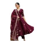GoSriKi Women’s Elegant Wine Anarkali Kurta Set with Dupatta | Printed Traditional Soft Rayon Fabric