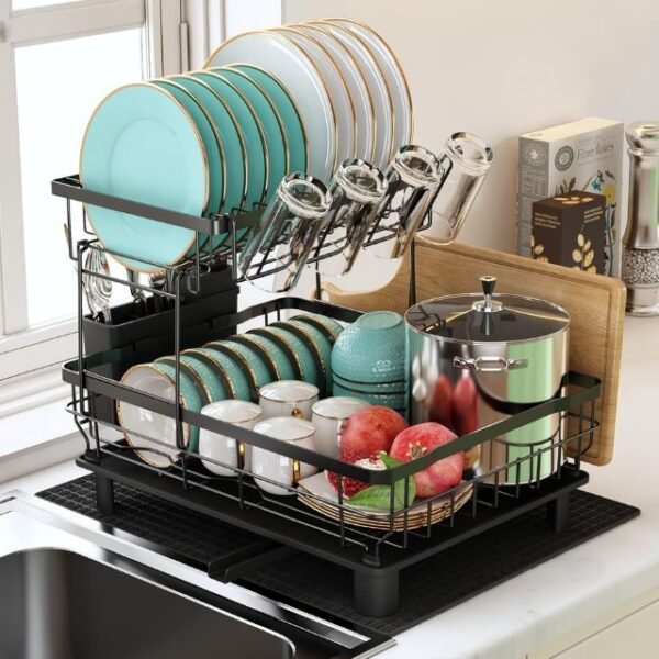 MAJALiS Dish Drying Rack, 2 Tier Dish Drainer Rack with Drip Tray and Drainer Mat