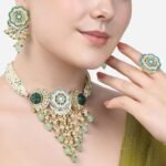ZAVERI PEARLS Turquoise Blue & Green Meenakari Cascading Waterfall Beads Necklace Earring & Ring Set - Image 2