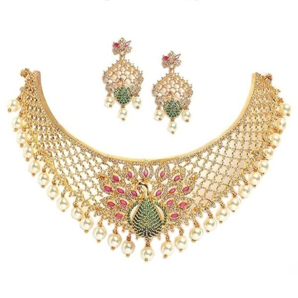 ZENEME Zenem Gold Plated White & Red American Diamond Studded